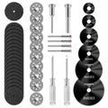 Rotary tool cutting wheel set with diamond discs, mandrels, and assorted blade shapes