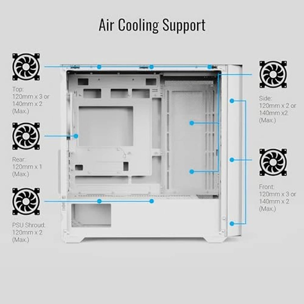 White mini tower PC case interior showing air-cooling fan mount layout