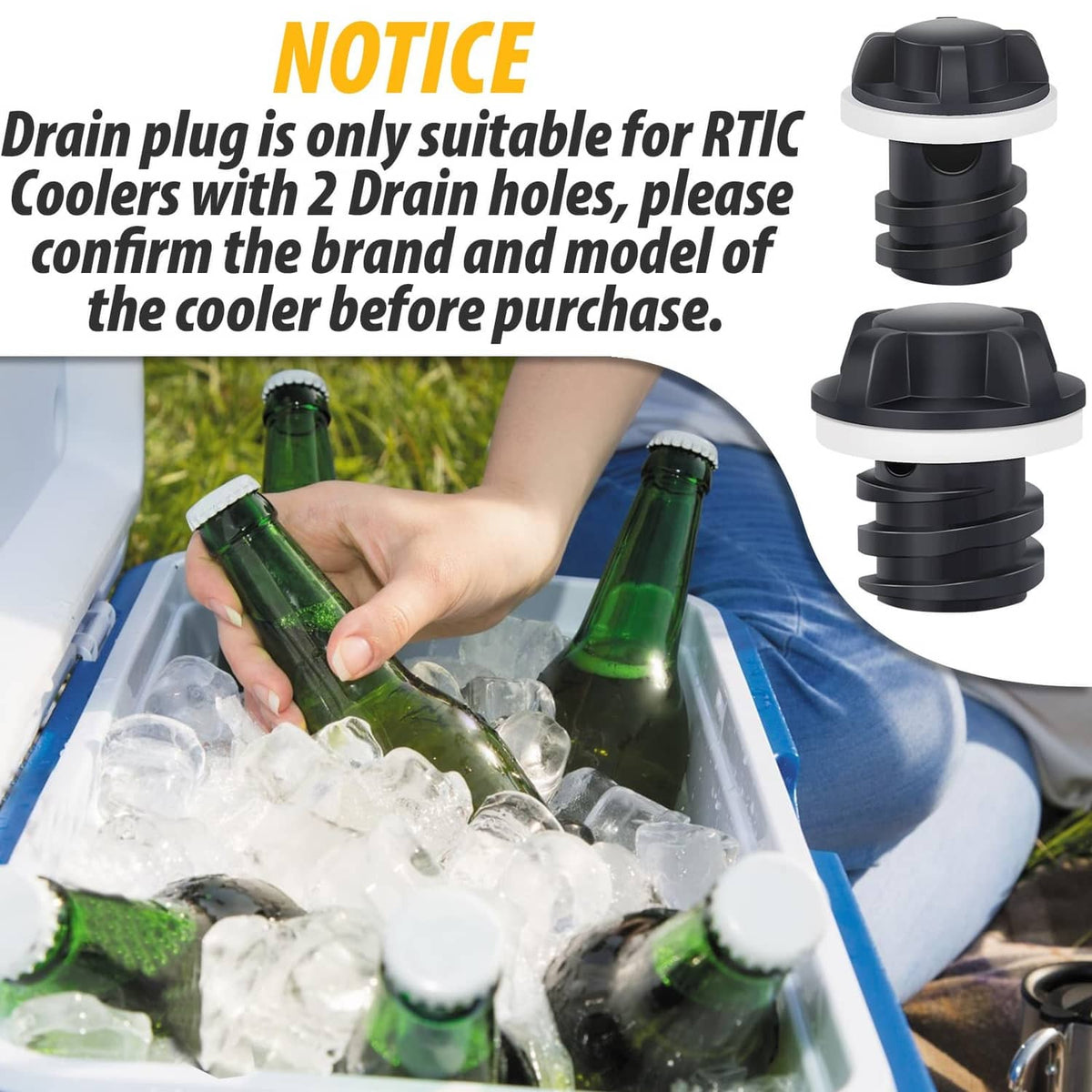 Single black cooler drain plug with sealing gasket and stepped threaded body