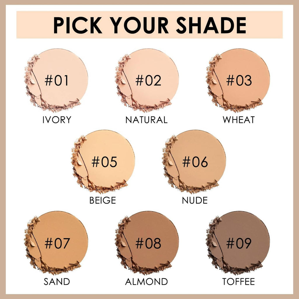 Assorted pressed powder shade swatches in round compact pan shapes
