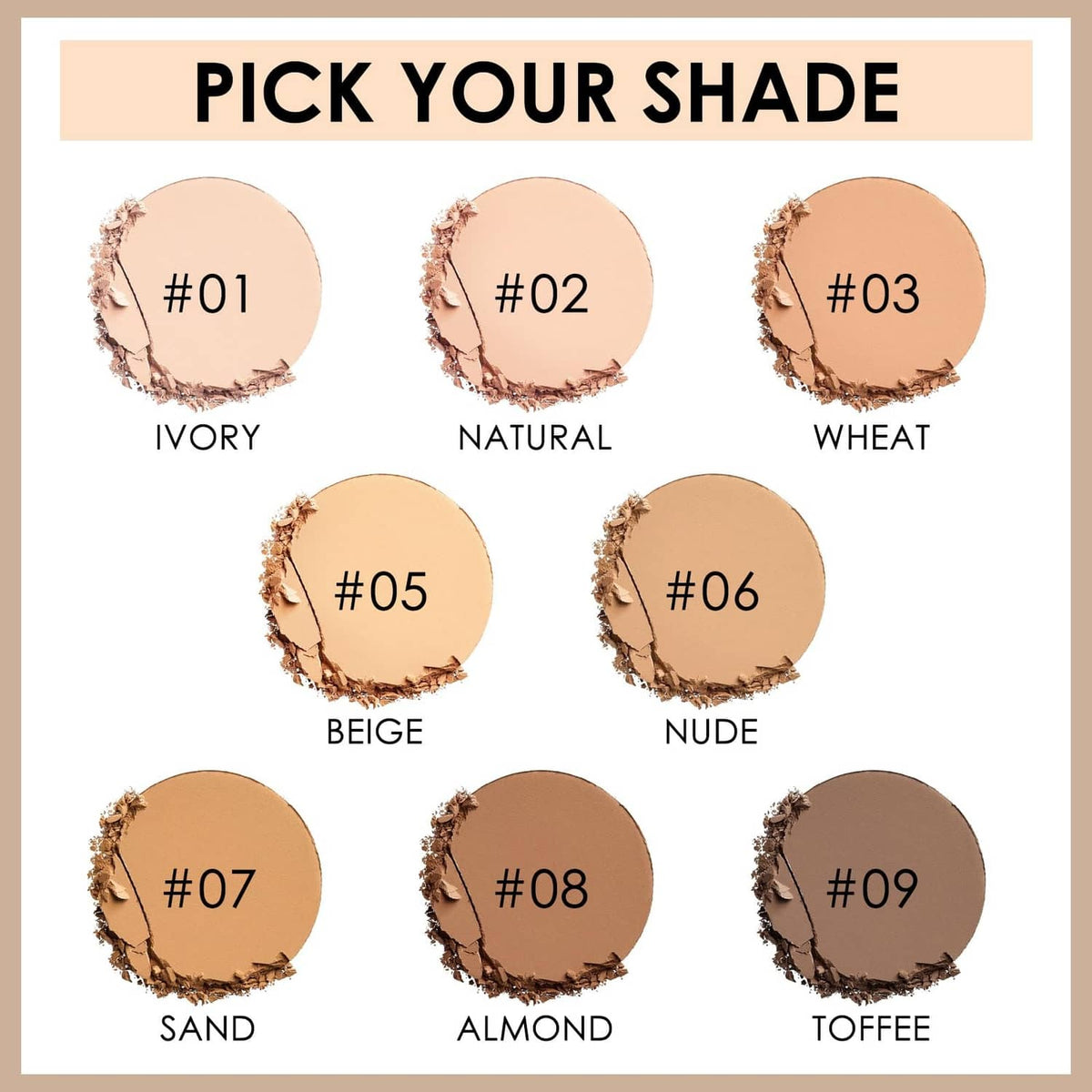 Assorted pressed powder shade swatches in round compact pan shapes