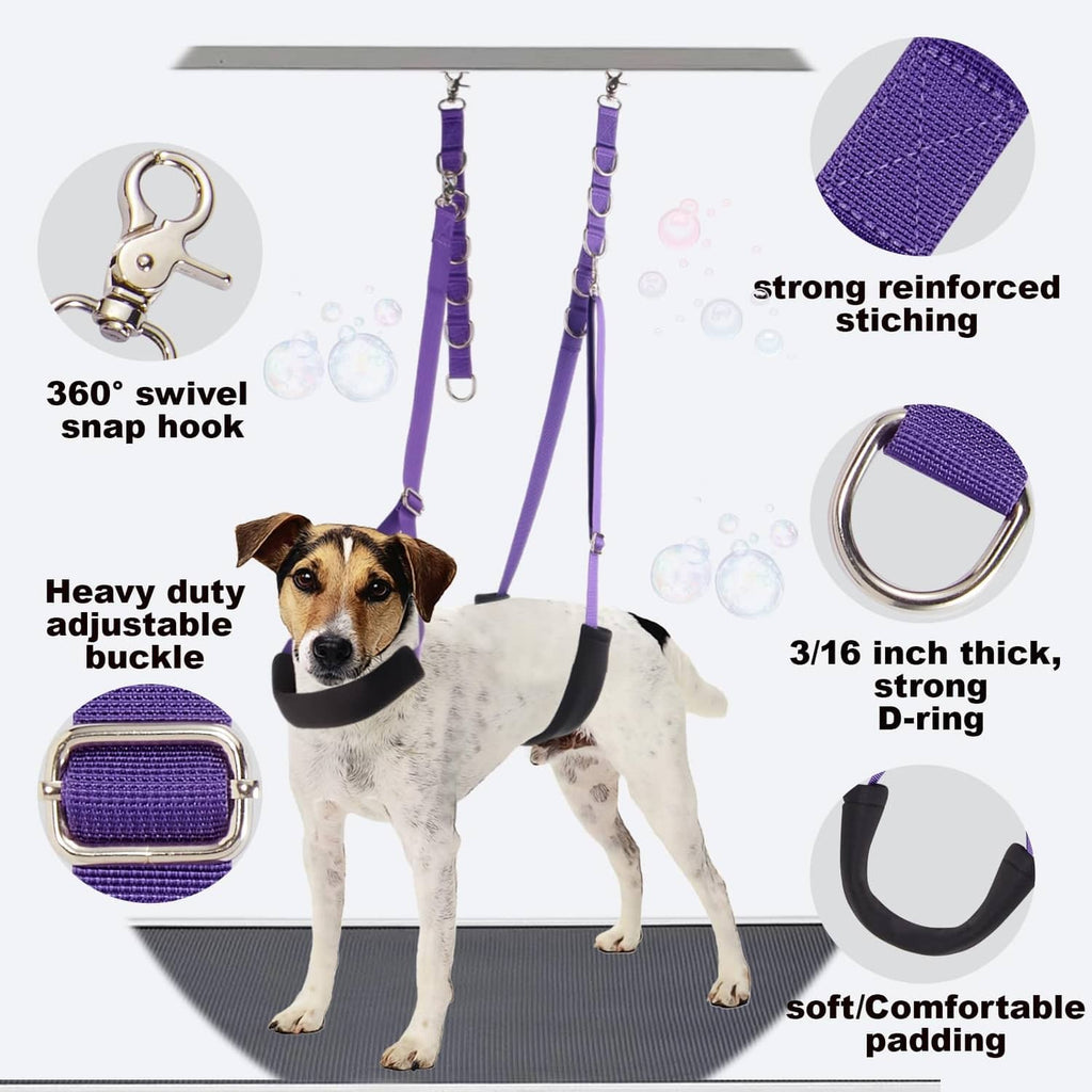 Dog grooming belly strap set with reinforced nylon straps, D-rings, and snap hooks