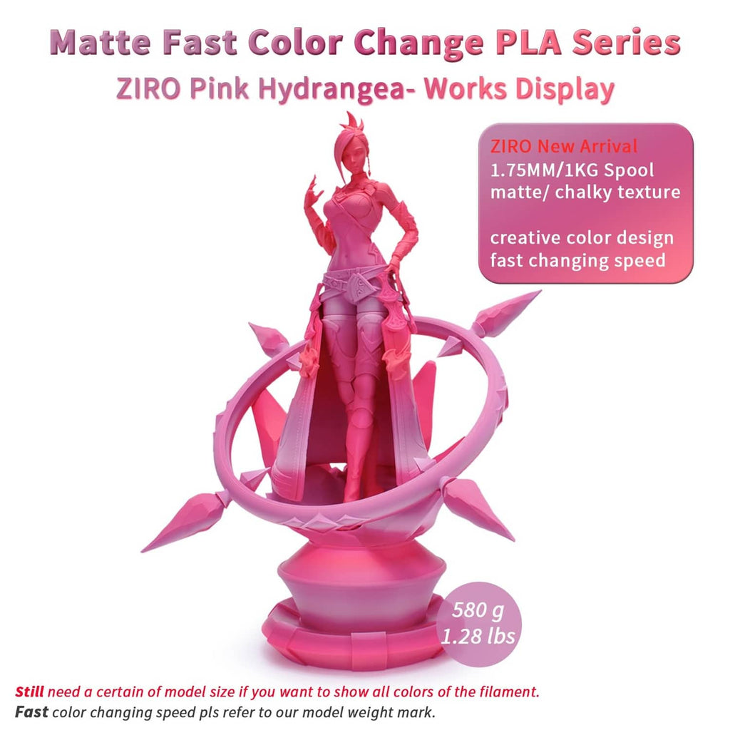 Pink matte PLA 3D printed character model on a stand with coiled accents