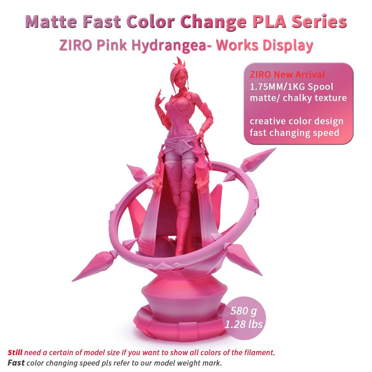 Pink matte PLA 3D printed character model on a stand with coiled accents