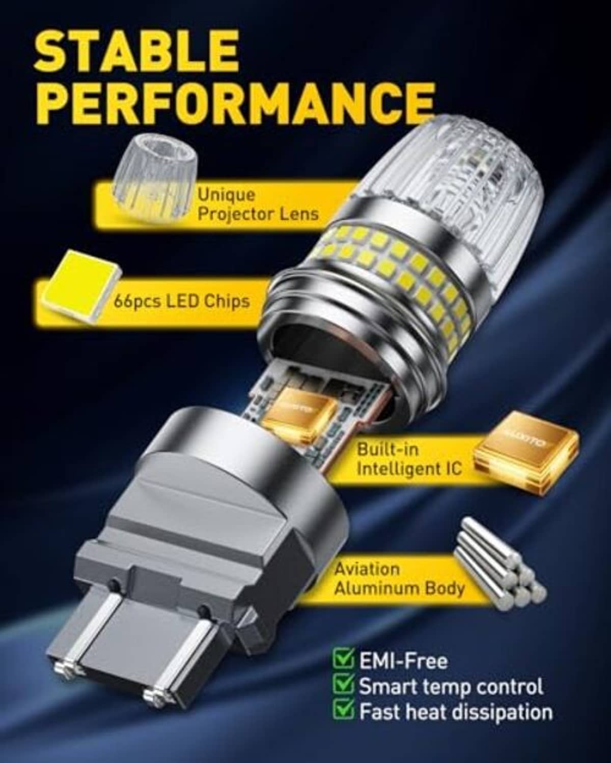 LED reverse light bulb close-up with yellow LED chips and silver aluminum heat sink