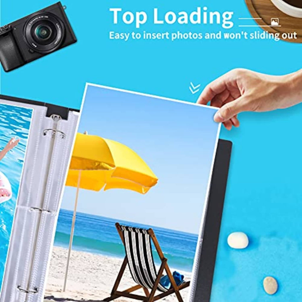 Clear top-loading photo sleeve being inserted into a 3-ring binder
