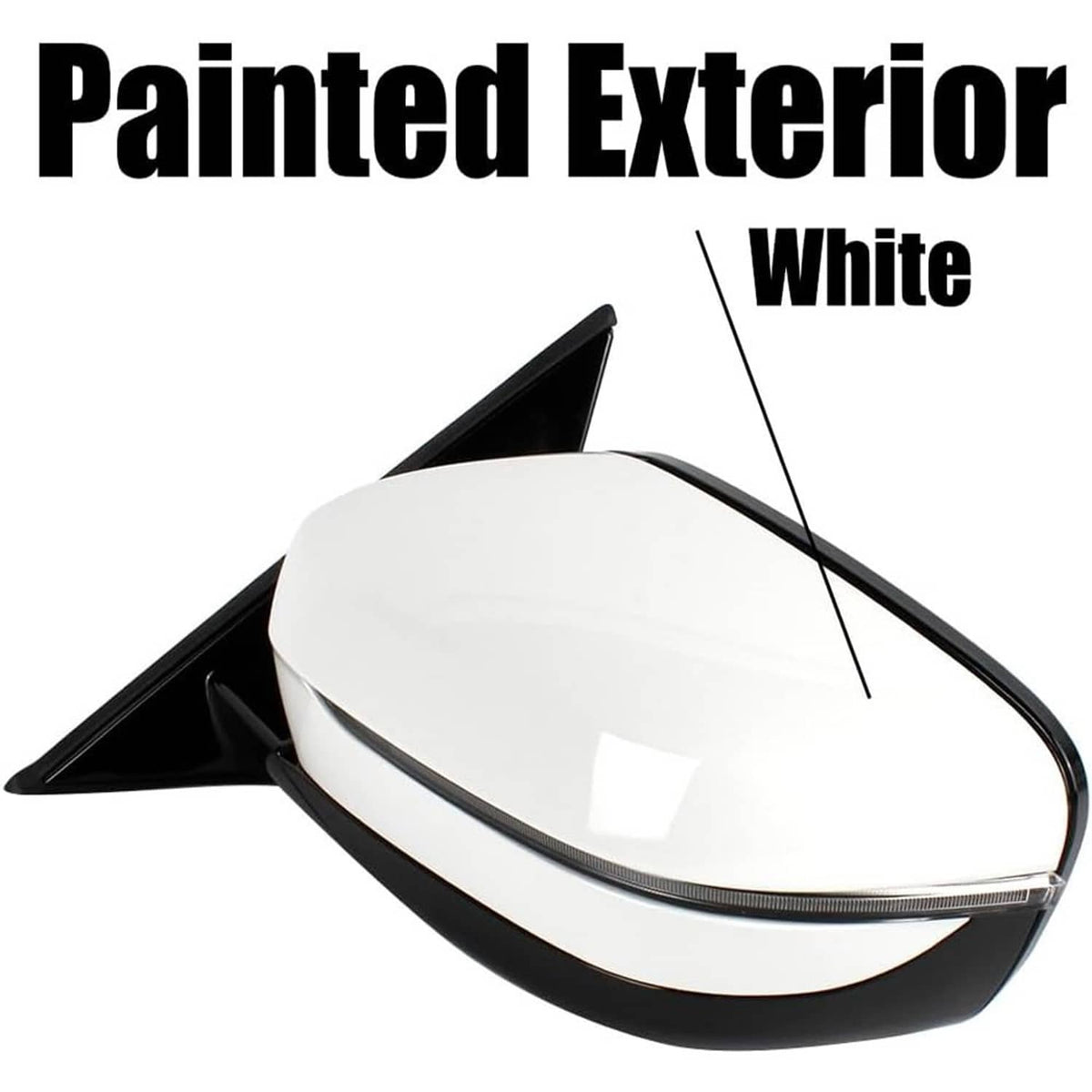 White painted left driver side mirror with black aerodynamic housing