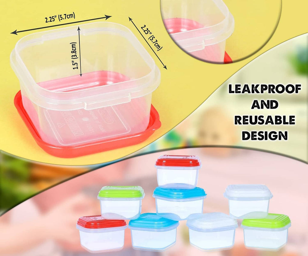 Stacked baby snack containers, clear translucent with blue and green lids