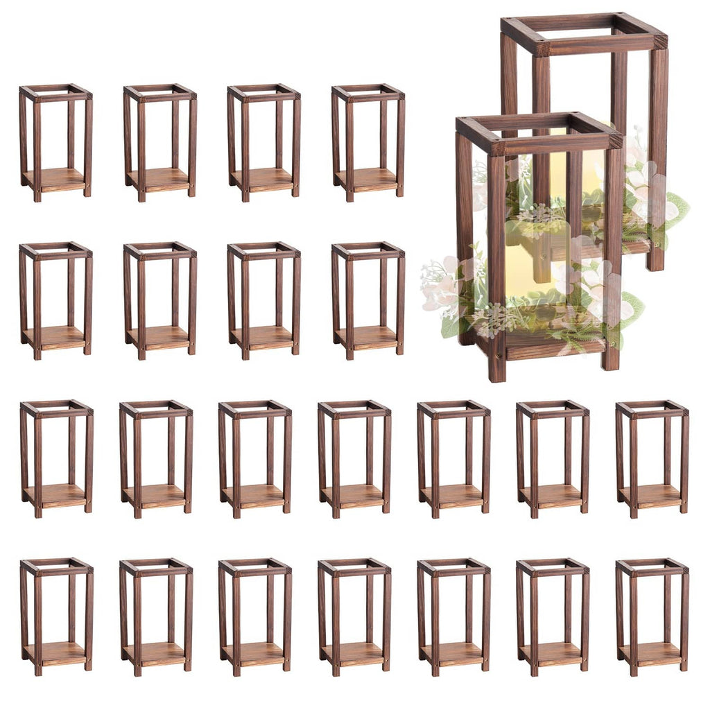 Set of 24 brown wooden candle lantern frames, open top and base shelf