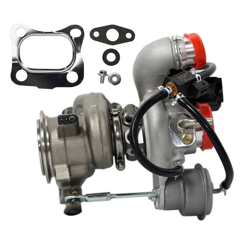 Turbocharger assembly with two housings, black wiring, and included gaskets