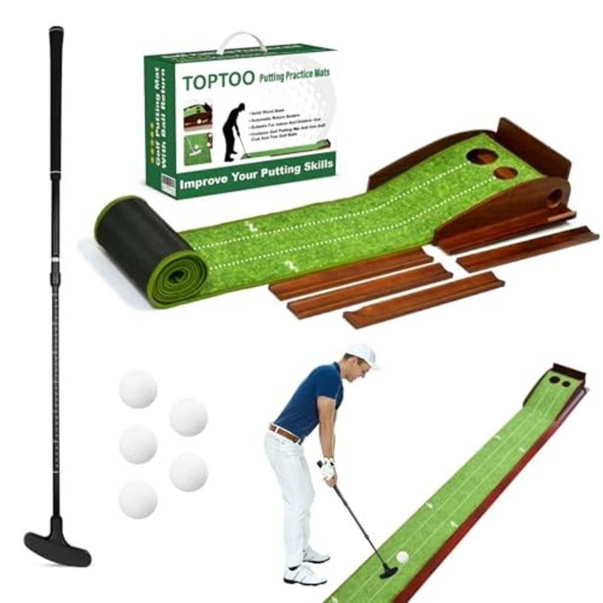 Golf putting practice mat set with green mat, wooden rails, balls, and black push rod