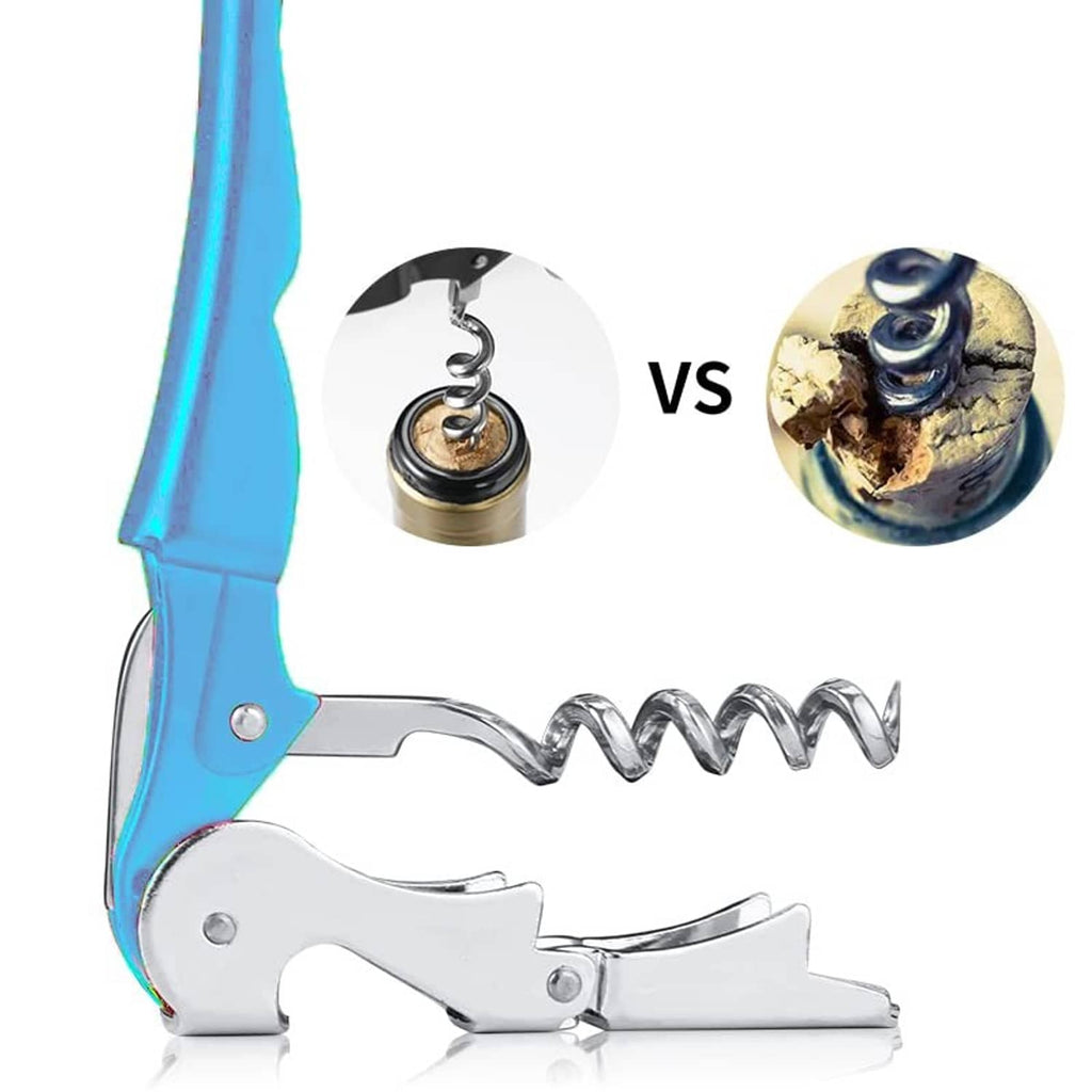 Blue and silver waiter corkscrew with spiral cork coil and metal pull base
