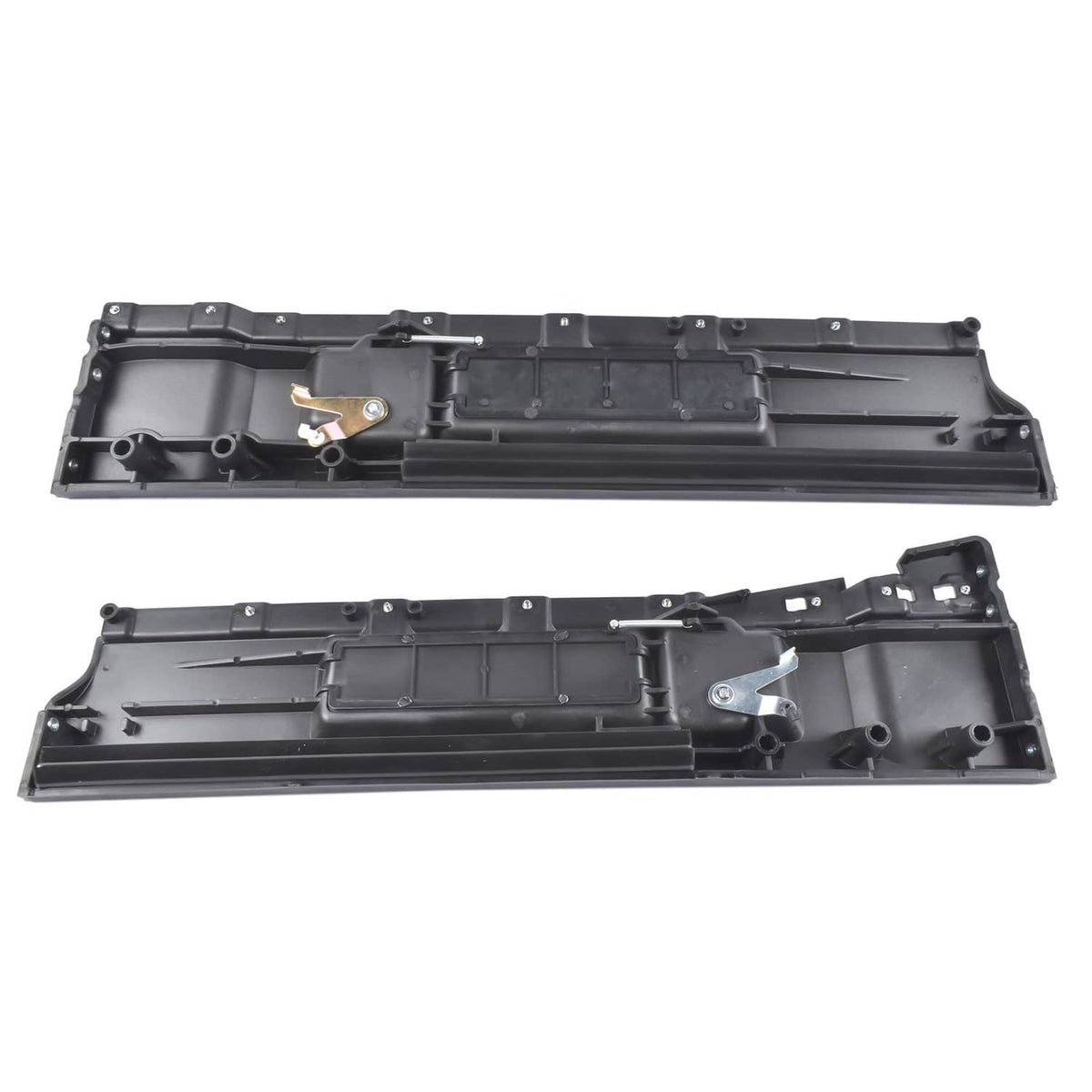 Dark gray interior door handle panel with metal latch and mounting holes