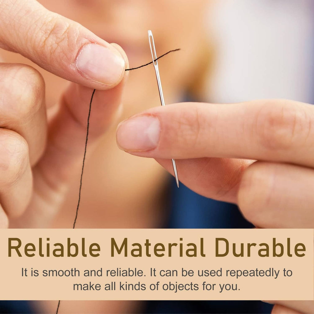 Hand-sewing with a large-eye needle, silvery metal needle and dark thread
