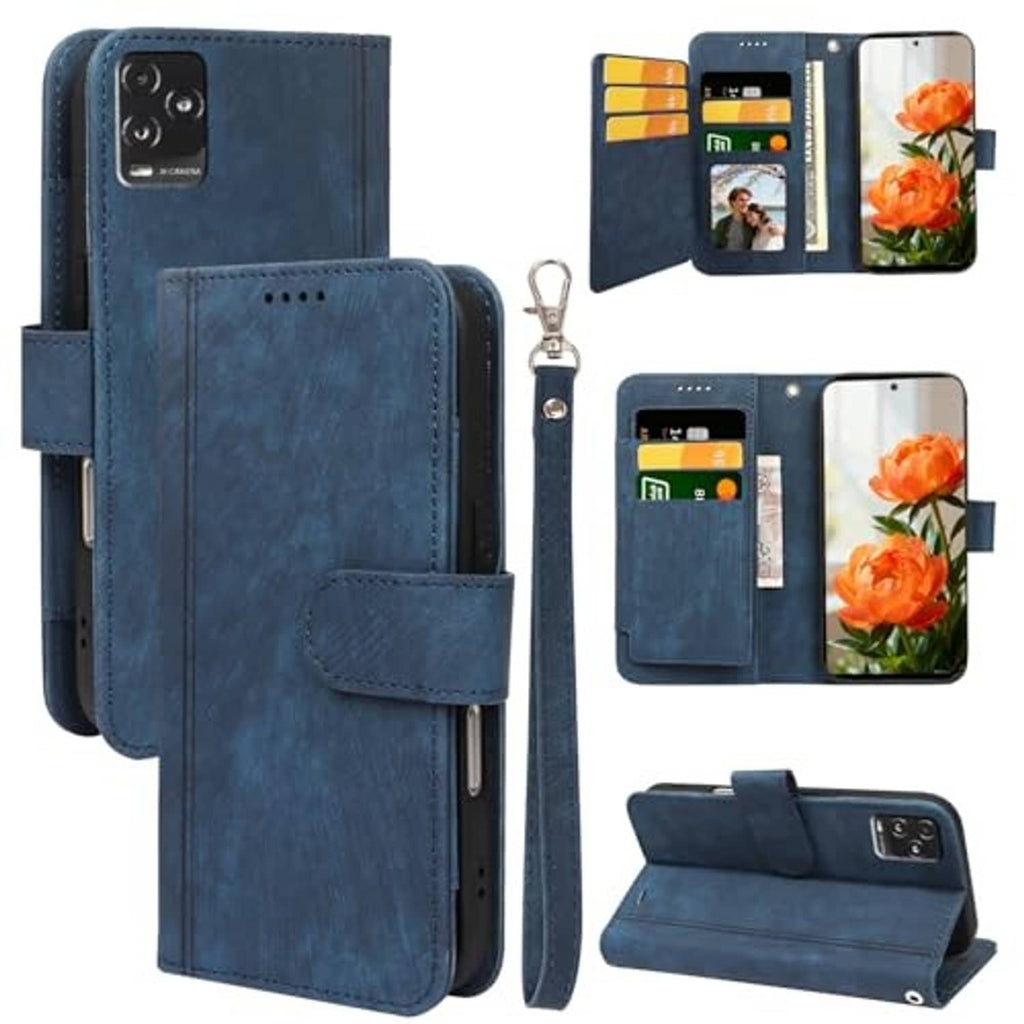 Blue flip phone wallet case shown open, closed, and in kickstand position