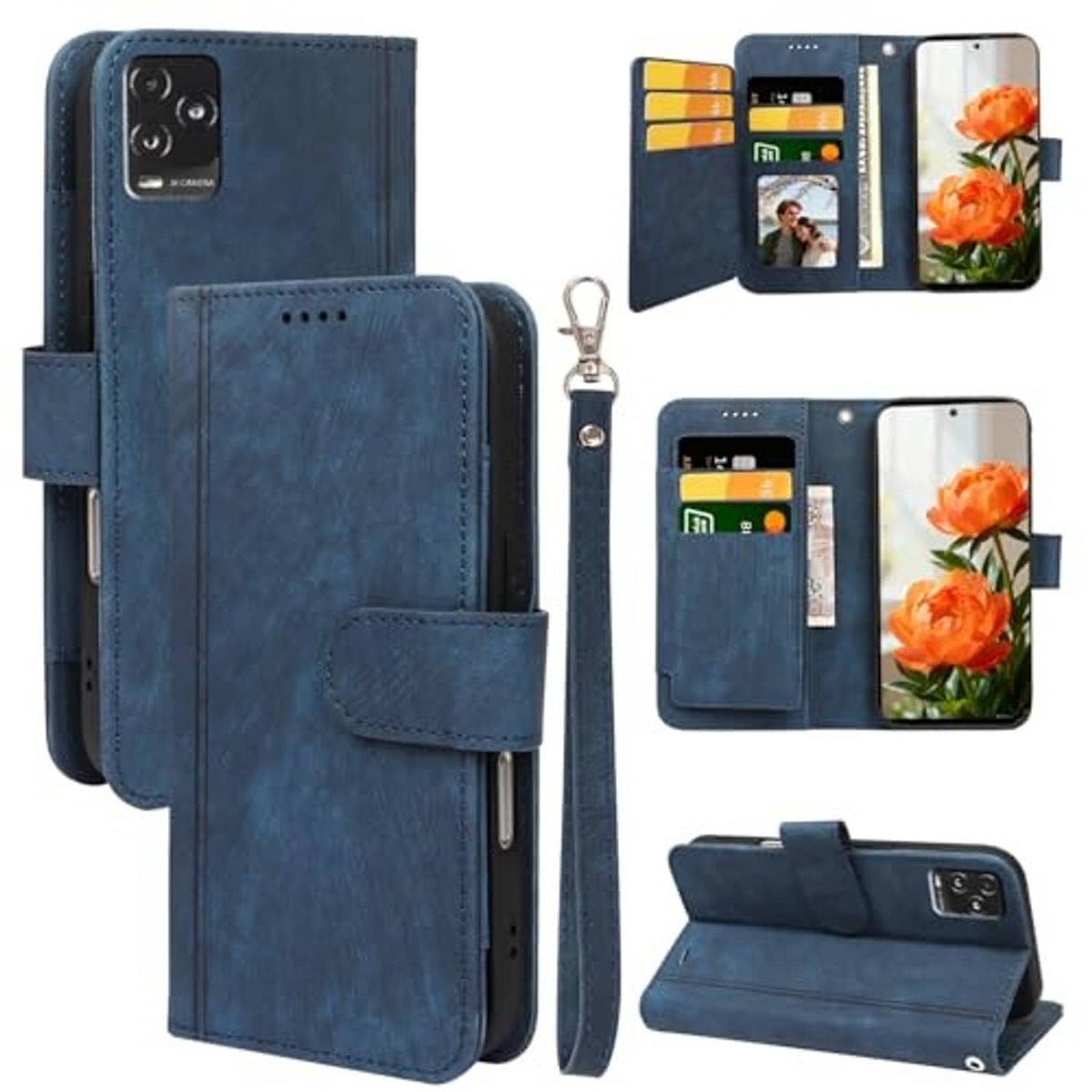 Blue flip phone wallet case shown open, closed, and in kickstand position
