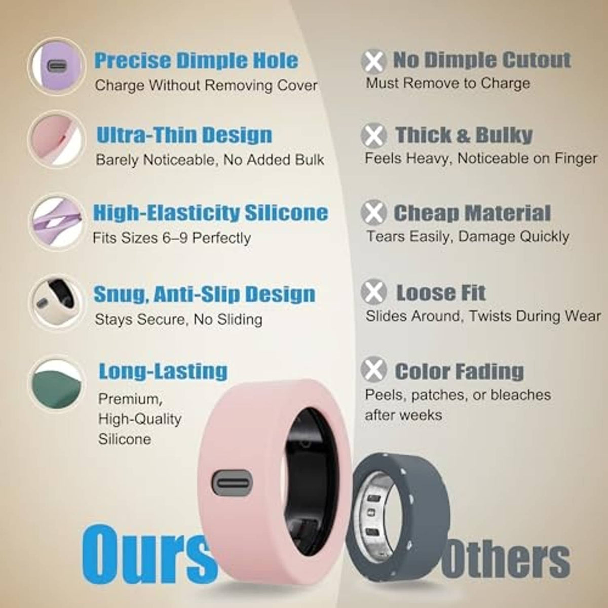 Ultra-thin silicone smart ring covers in cream white and pink with snug anti-slip design