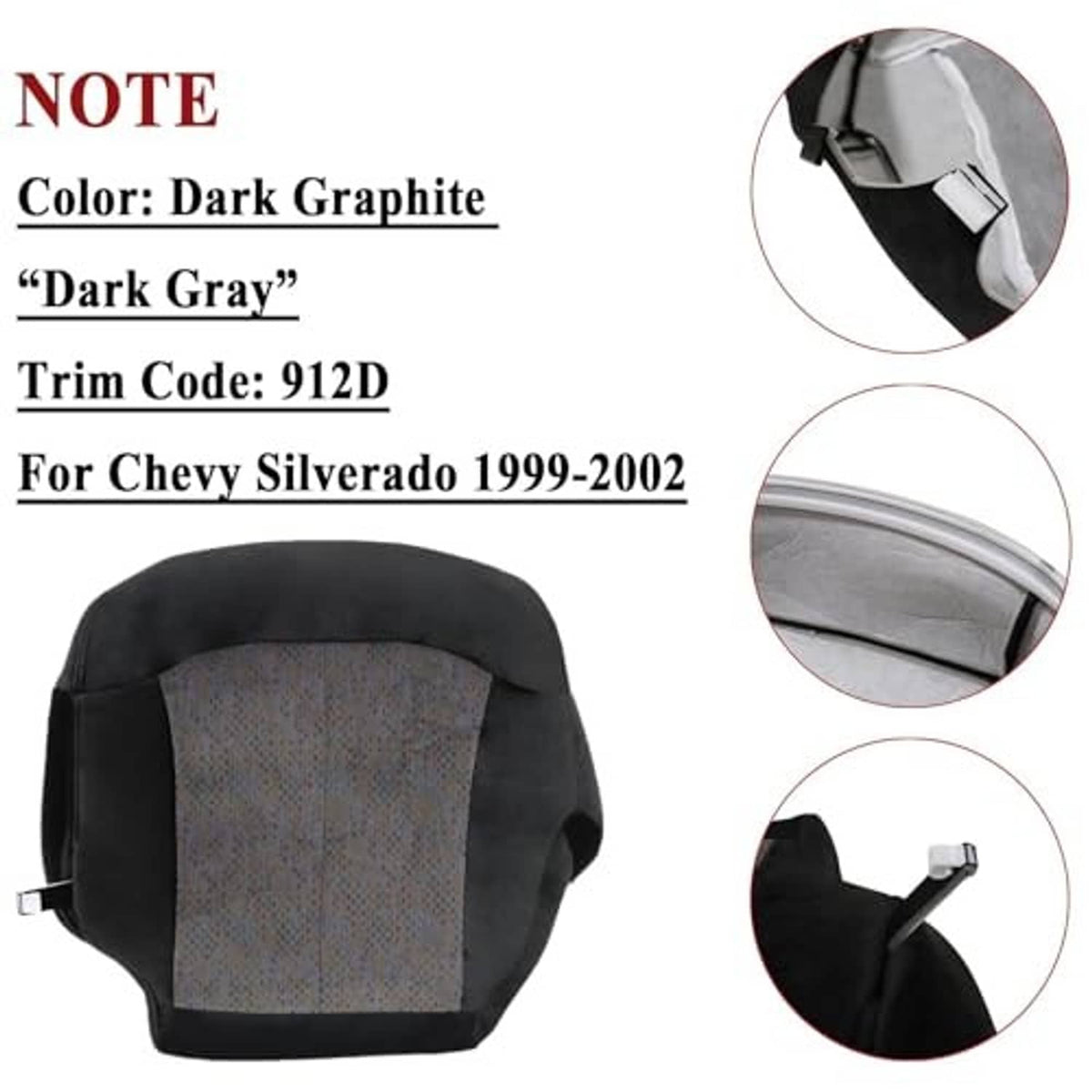 Dark gray cloth seat cover with gray insert panel and metal adjustment strap