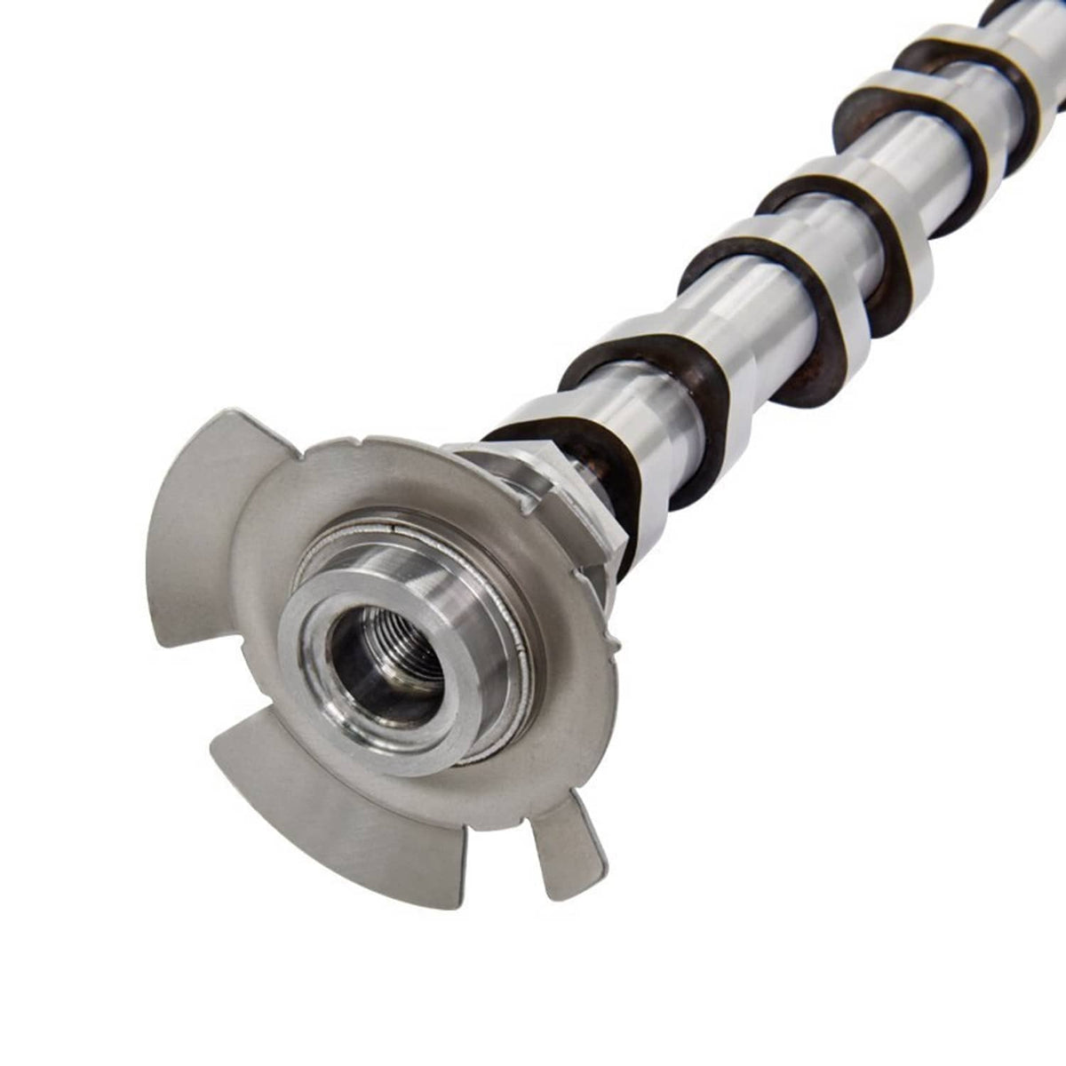 Intake camshaft flange end with threaded bore and dark seal rings