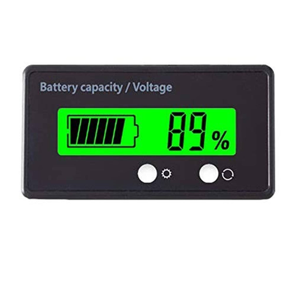 Battery capacity and voltage indicator meter with green LCD showing 89% and round control buttons