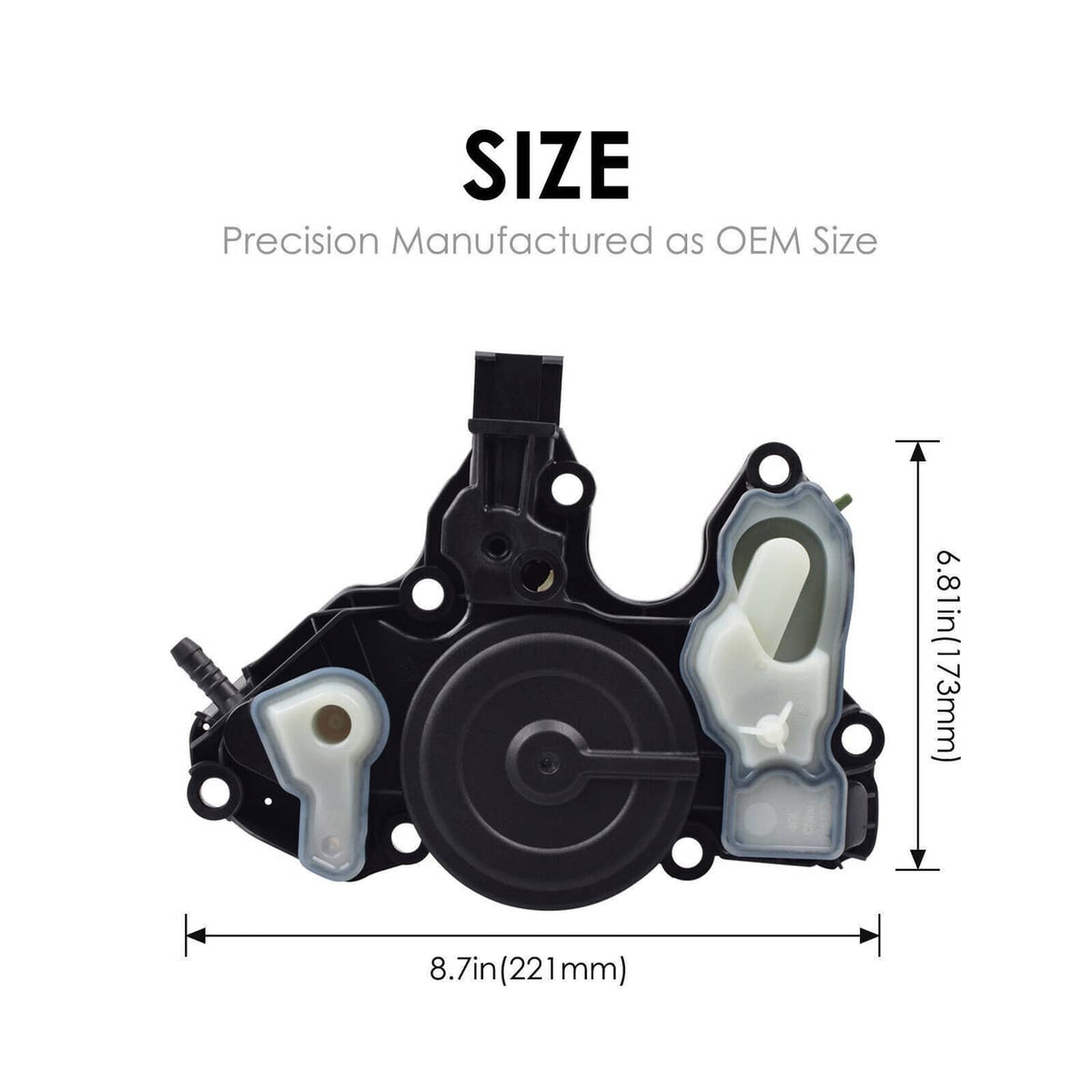 PCV oil separator valve assembly dimensions view, black housing with light translucent covers