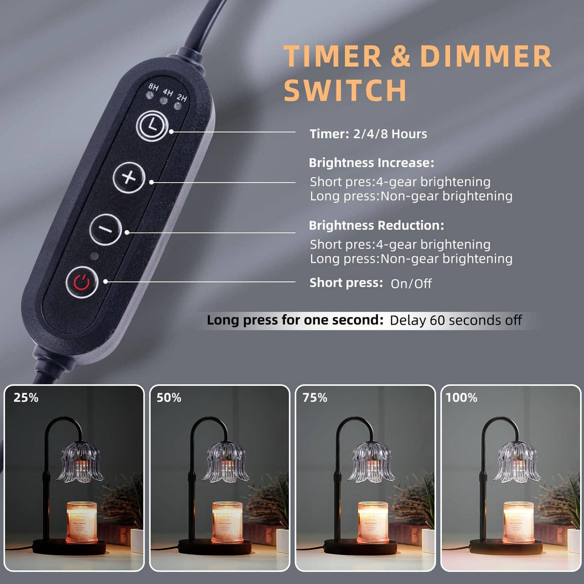 Timer and dimmer switch remote with brightness buttons for candle warmer lamp