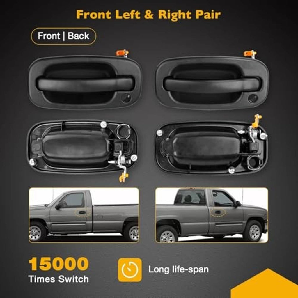 Black front door handle pair with keyholes and metal lock assemblies