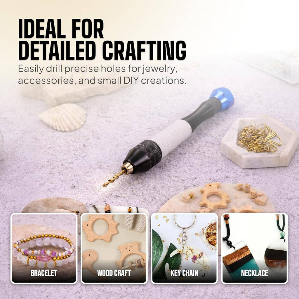 Pin vise hand drill tool with micro drill bits for detailed jewelry crafts, blue handle
