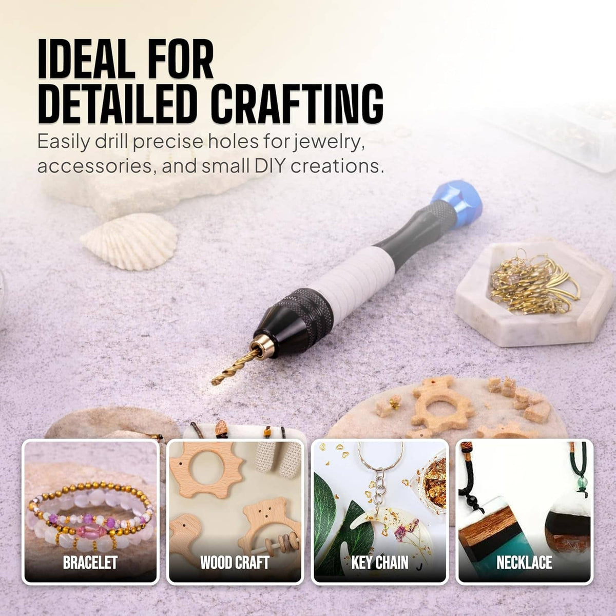 Pin vise hand drill tool with micro drill bits for detailed jewelry crafts, blue handle