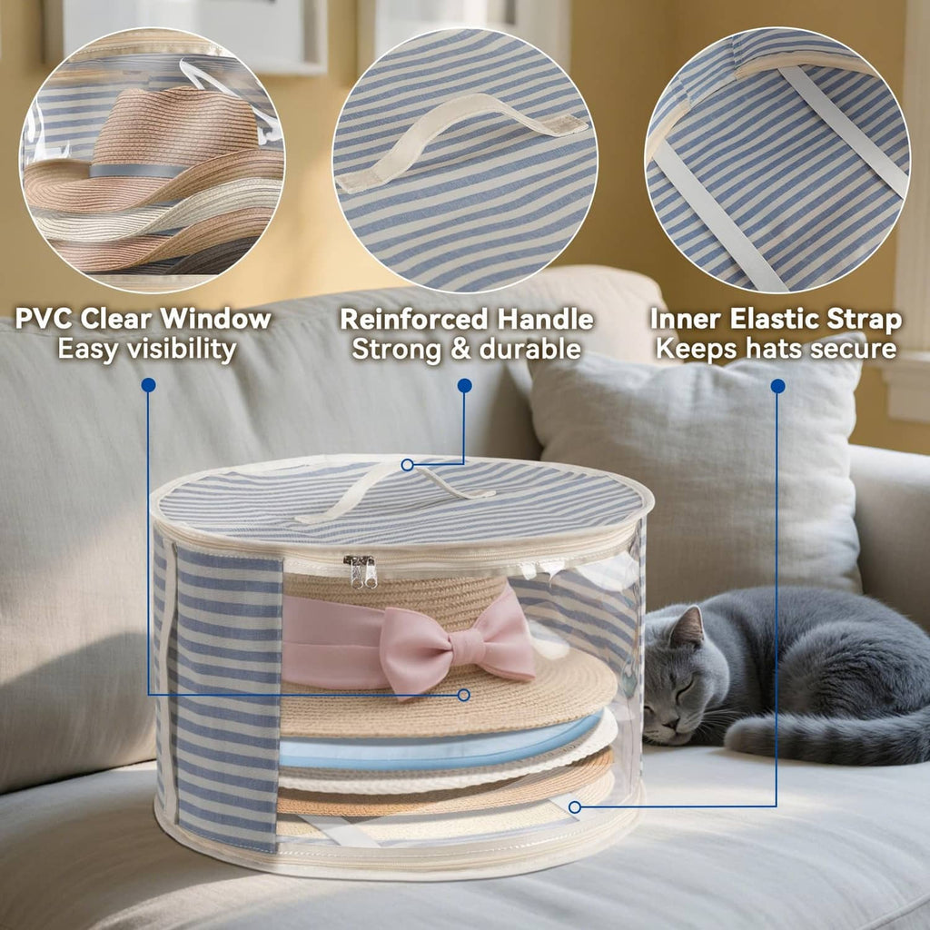 Round hat storage box with clear window, blue-striped fabric, inner elastic strap and reinforced handle.