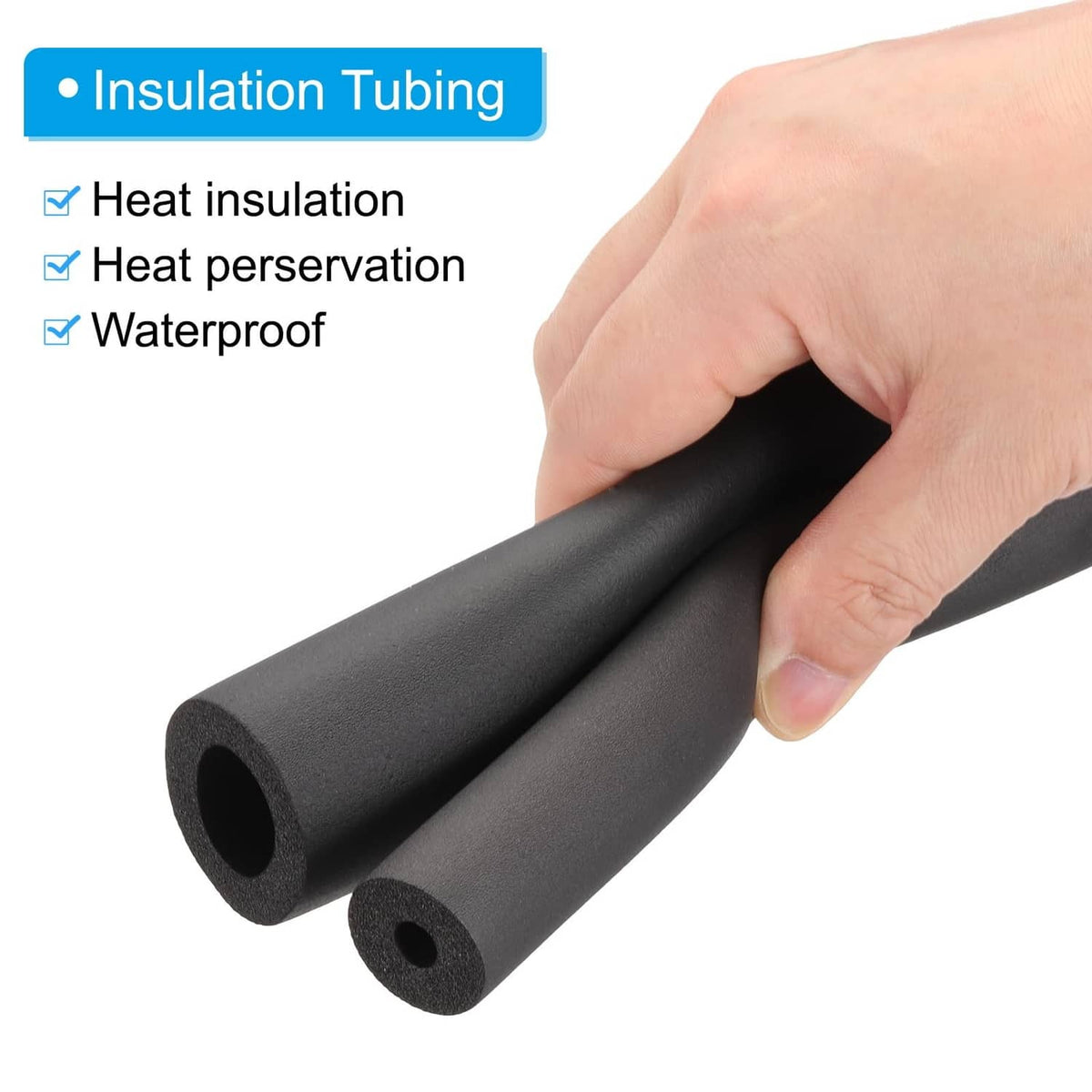 Dark gray foam insulation tubing held by hand, two hollow cylindrical sections