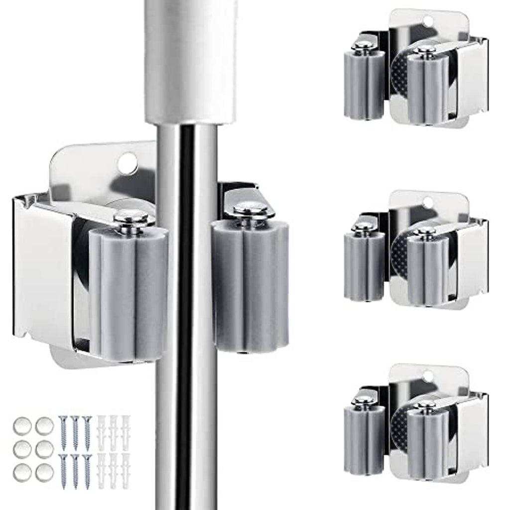Broom and mop holder set with three wall-mount clamps, silver and dark gray