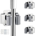 Broom and mop holder set with three wall-mount clamps, silver and dark gray