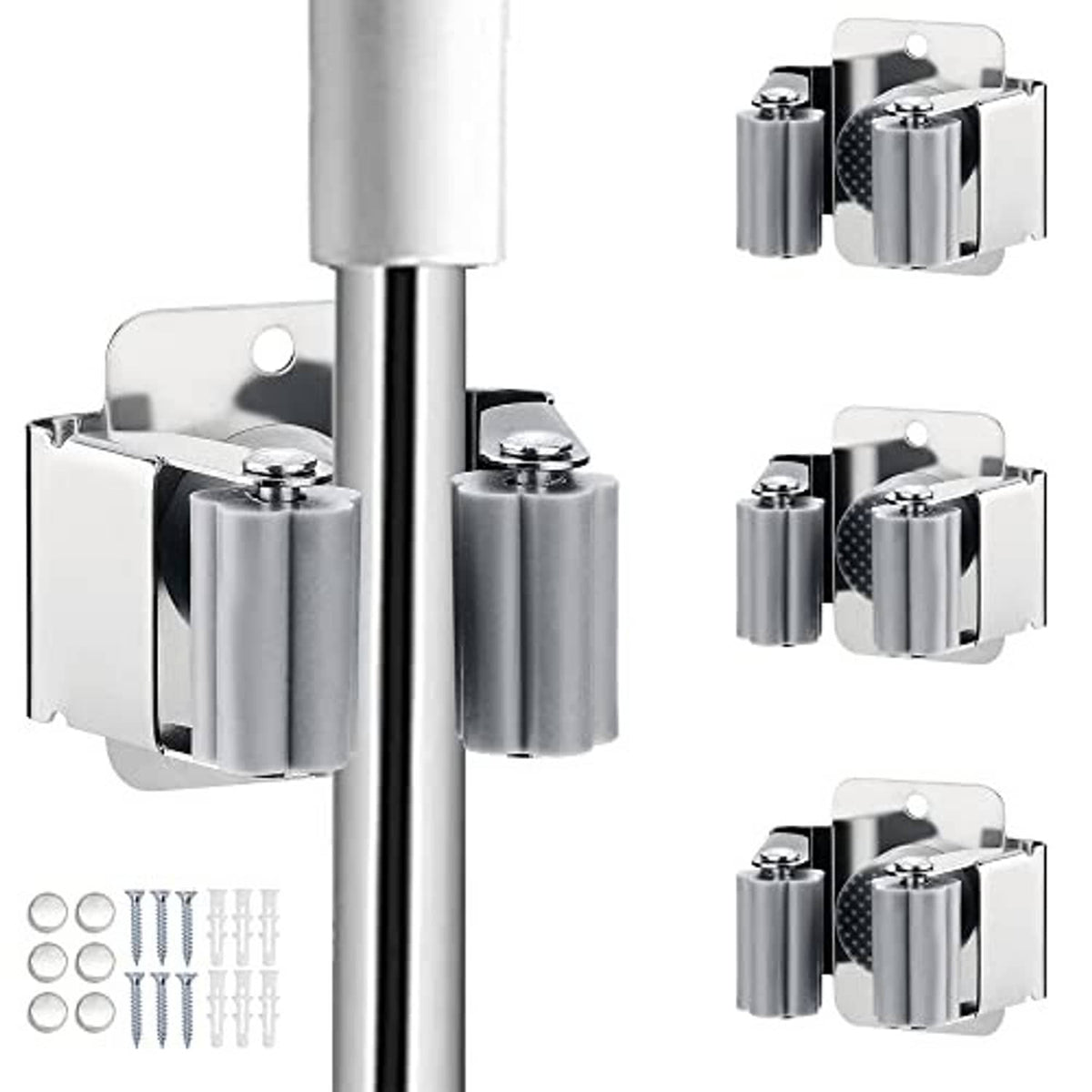 Broom and mop holder set with three wall-mount clamps, silver and dark gray
