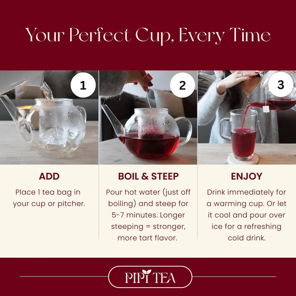 Brewing hibiscus tea steps with teapot pouring hot water into a glass