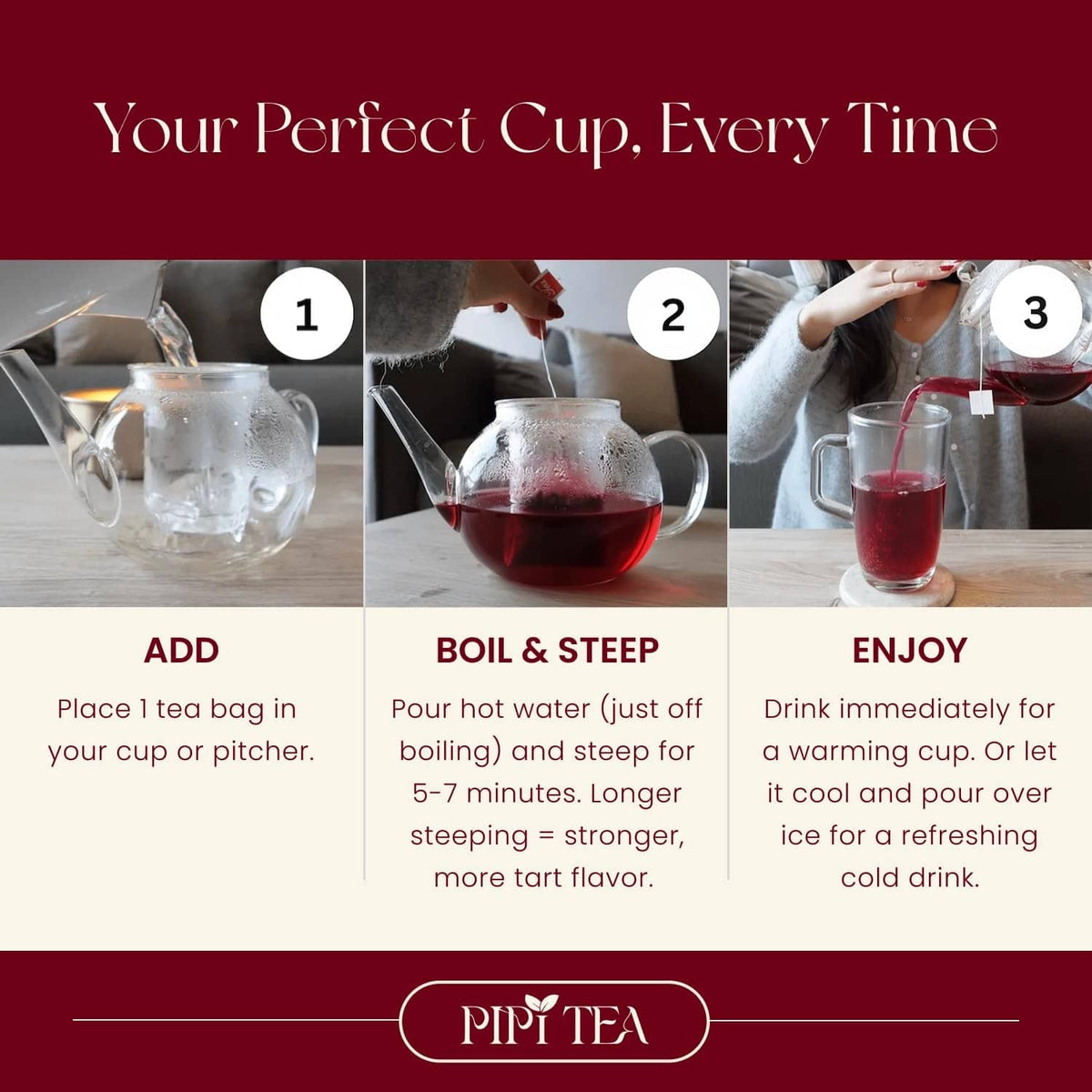 Brewing hibiscus tea steps with teapot pouring hot water into a glass