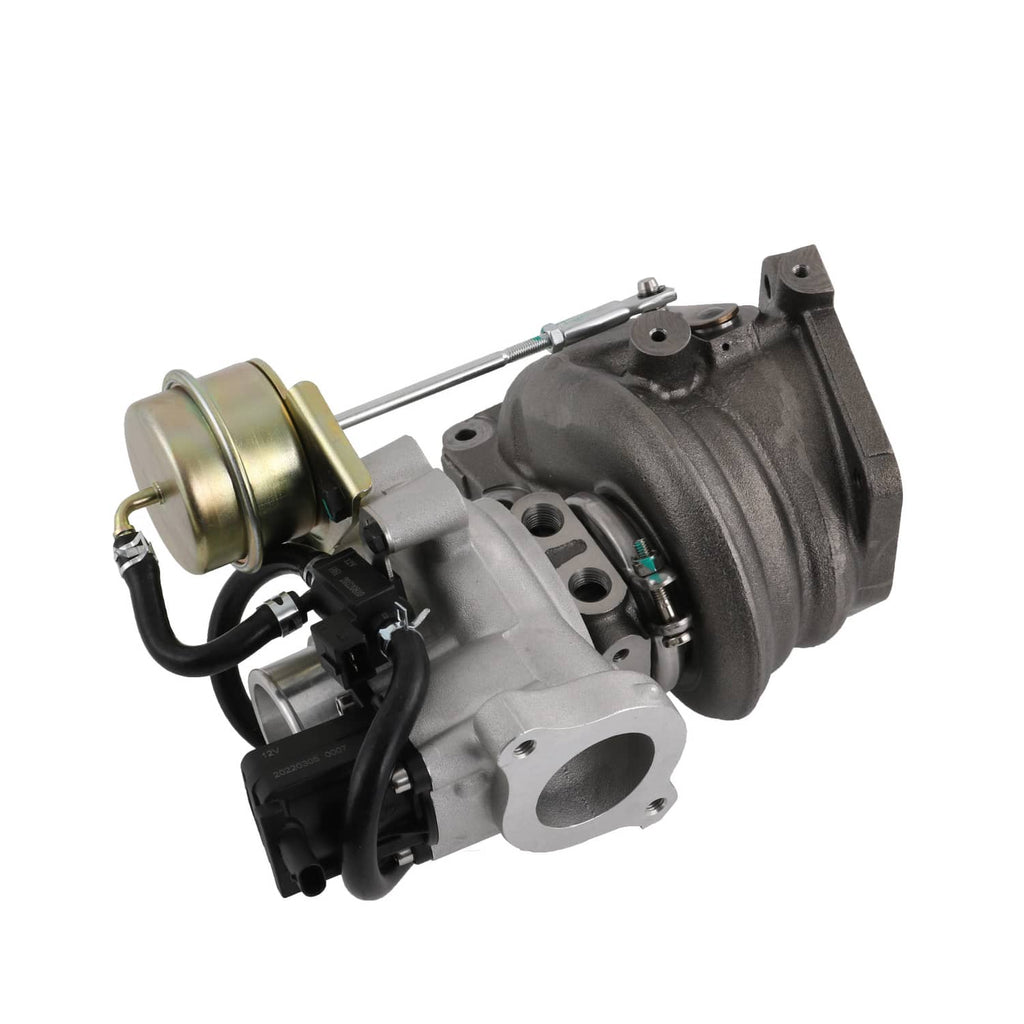 Turbocharger assembly with black wiring, silver exhaust housing, and actuator hardware