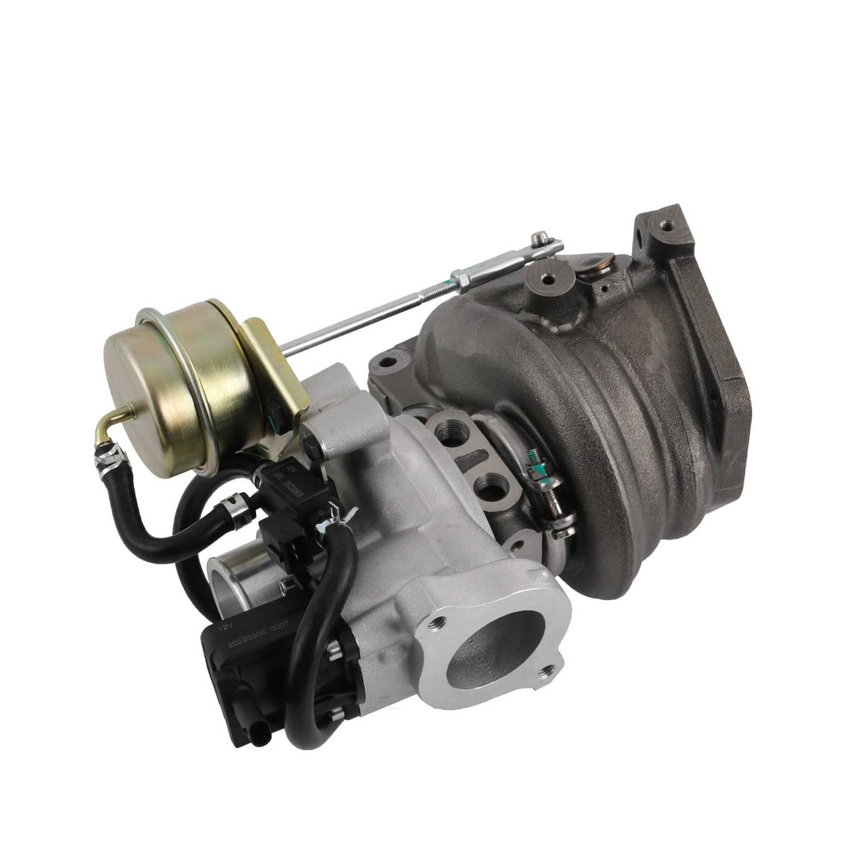 Turbocharger assembly with black wiring, silver exhaust housing, and actuator hardware