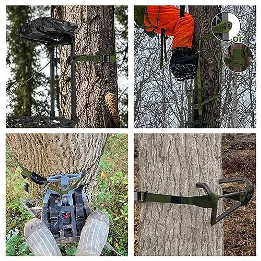 Olive straps buckled to secure a tree stand on different tree trunks