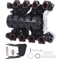 Engine intake manifold with multiple ports, black housing, red gasket seals