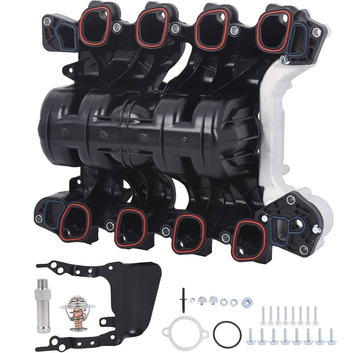 Engine intake manifold with multiple ports, black housing, red gasket seals