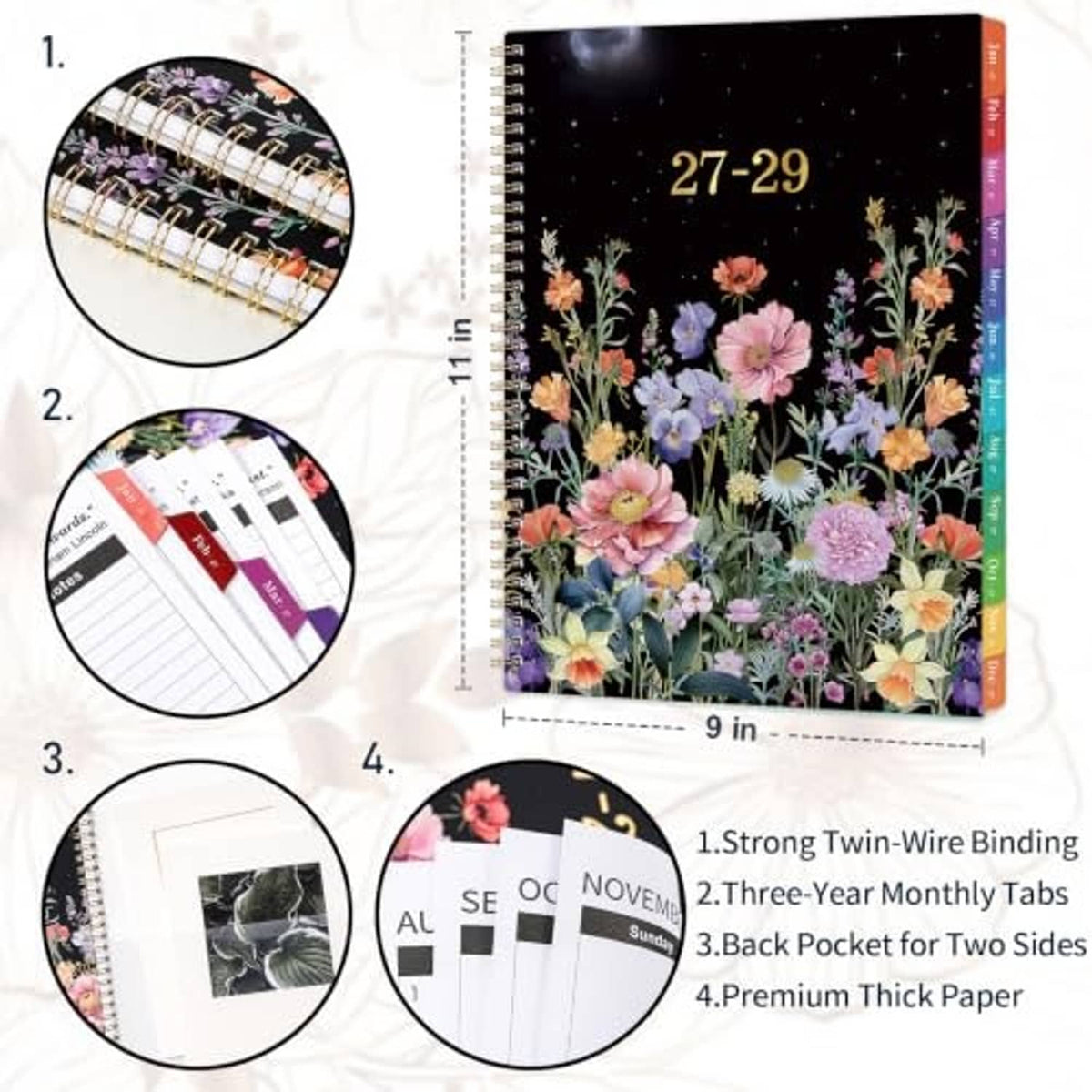 Floral 27–29 monthly planner with size guide and feature callout circles
