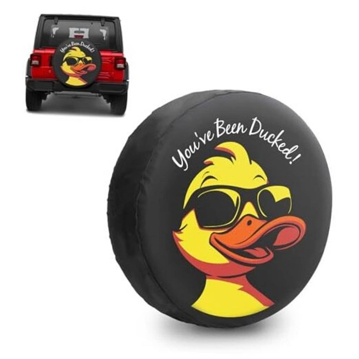 Black spare tire cover with yellow duck face graphic, round design