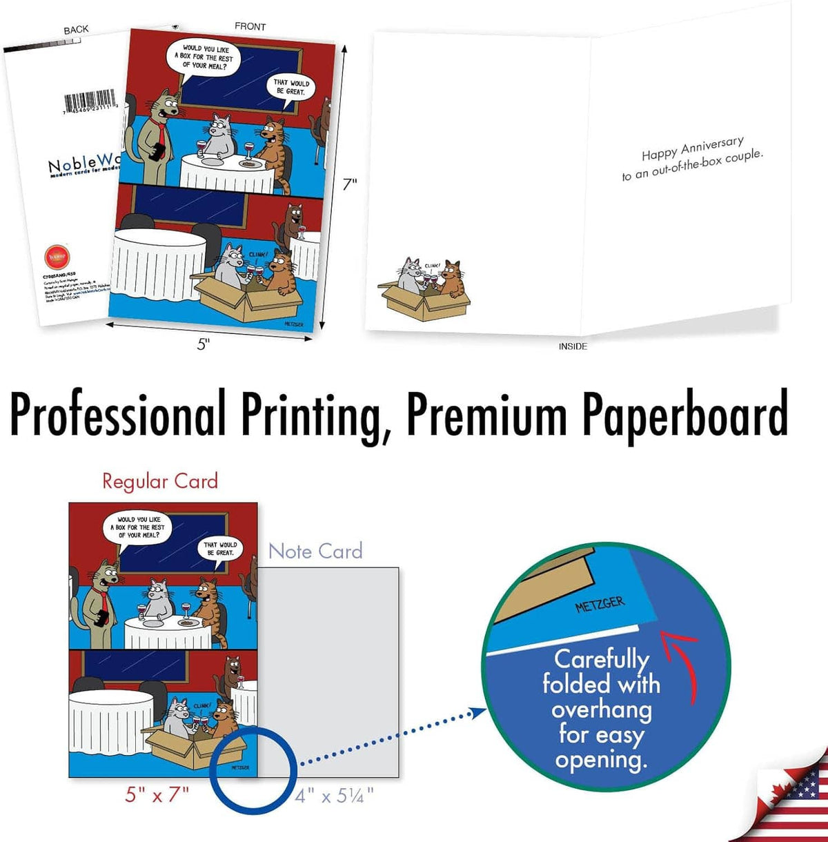 Note card and envelope set with inside view, showing printed cartoon cover and paperboard info