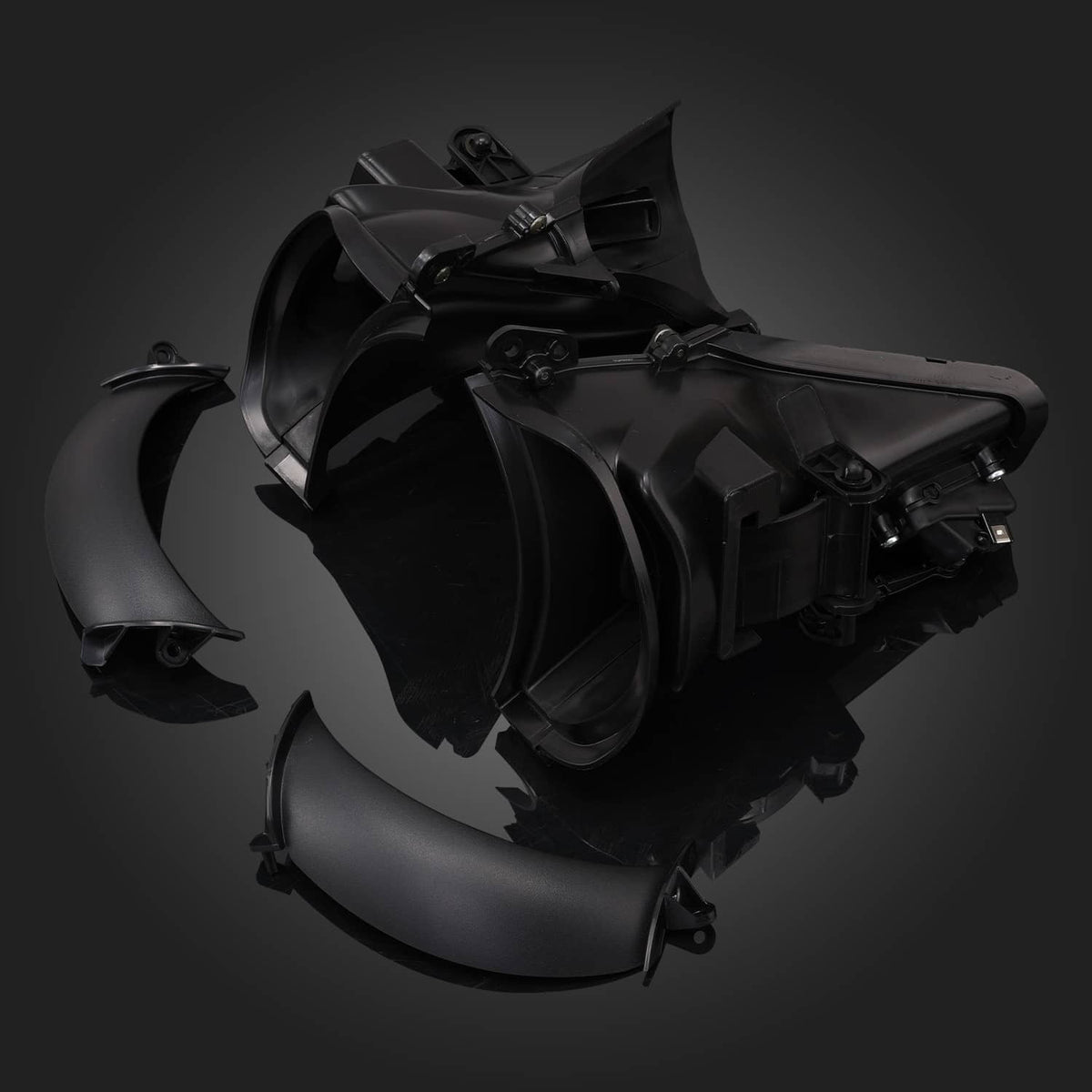Motorcycle fairing air duct set with curved ducts and black mounting hardware