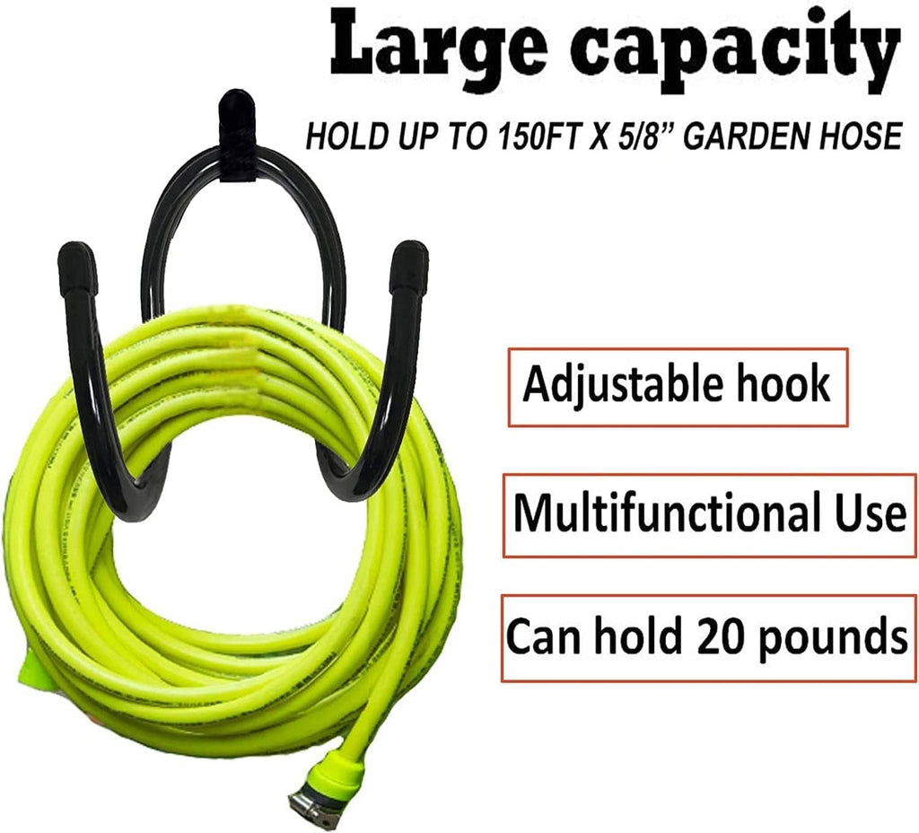 Black adjustable hose hanger with two hooks holding lime garden hose coil