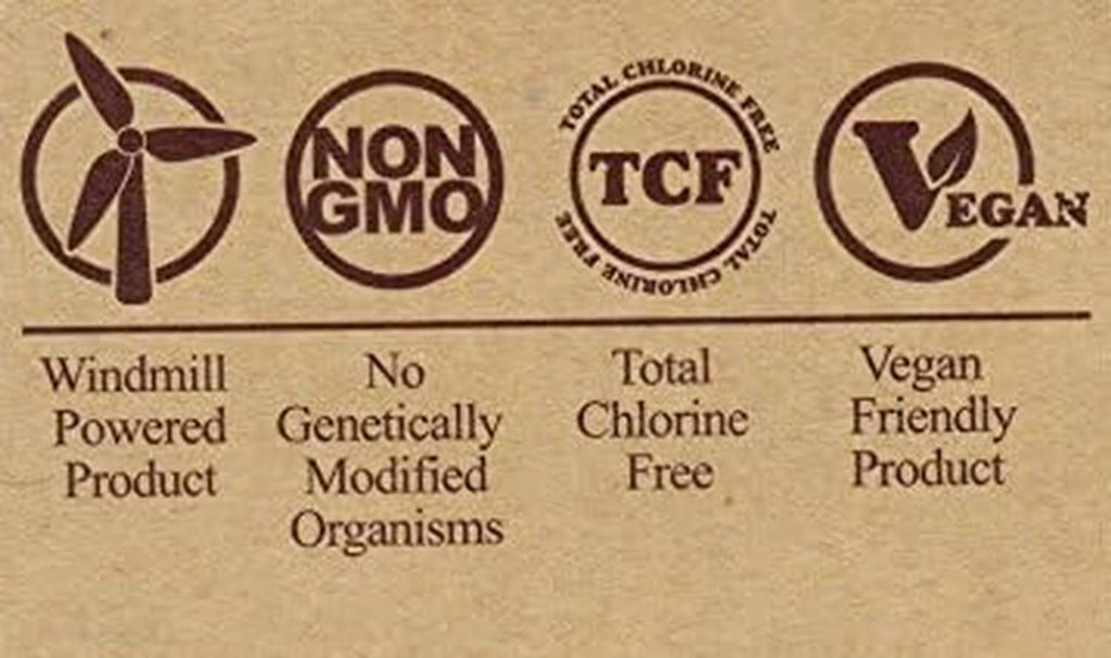 Rolling papers pack back panel with Non-GMO, TCF, Vegan, and chlorine-free badges