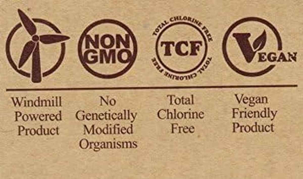 Rolling papers pack back panel with Non-GMO, TCF, Vegan, and chlorine-free badges