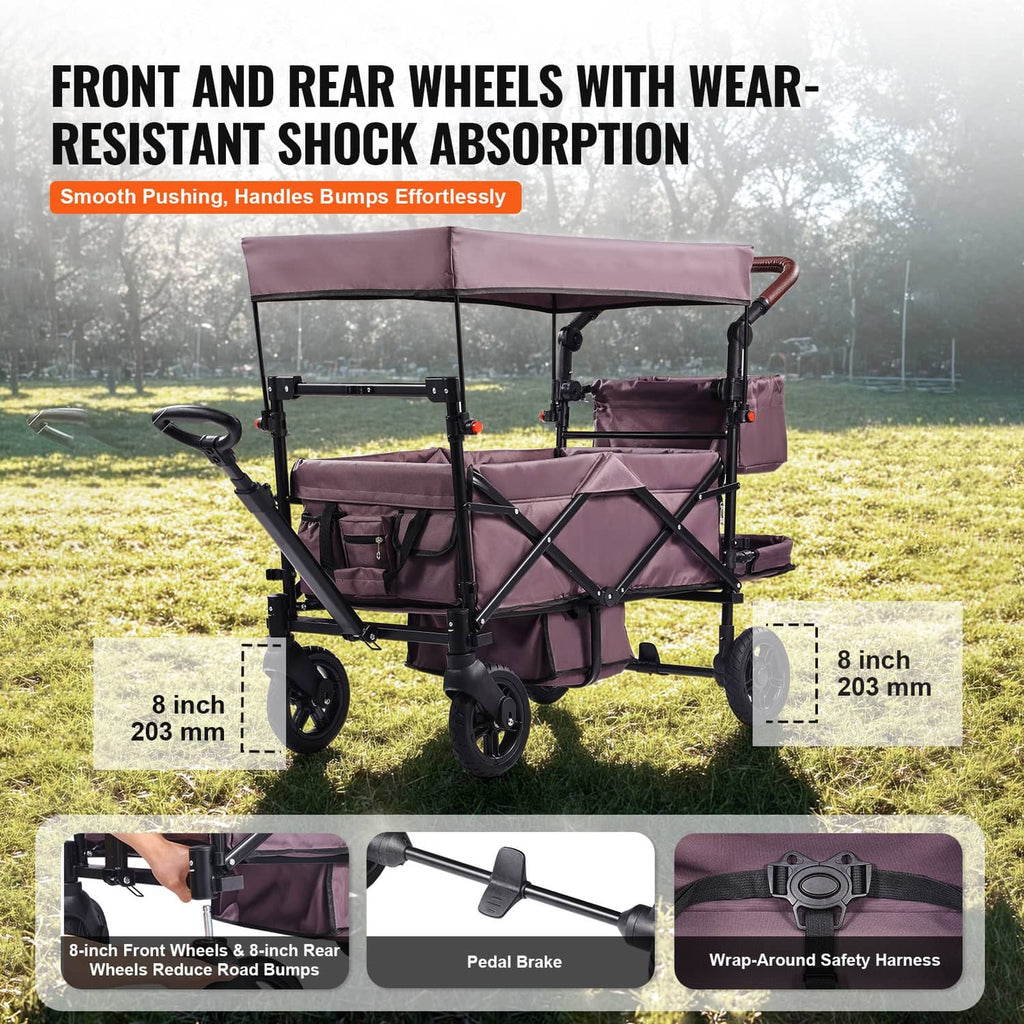 Purple double wagon stroller with shock-absorbing front and rear wheels, canopy