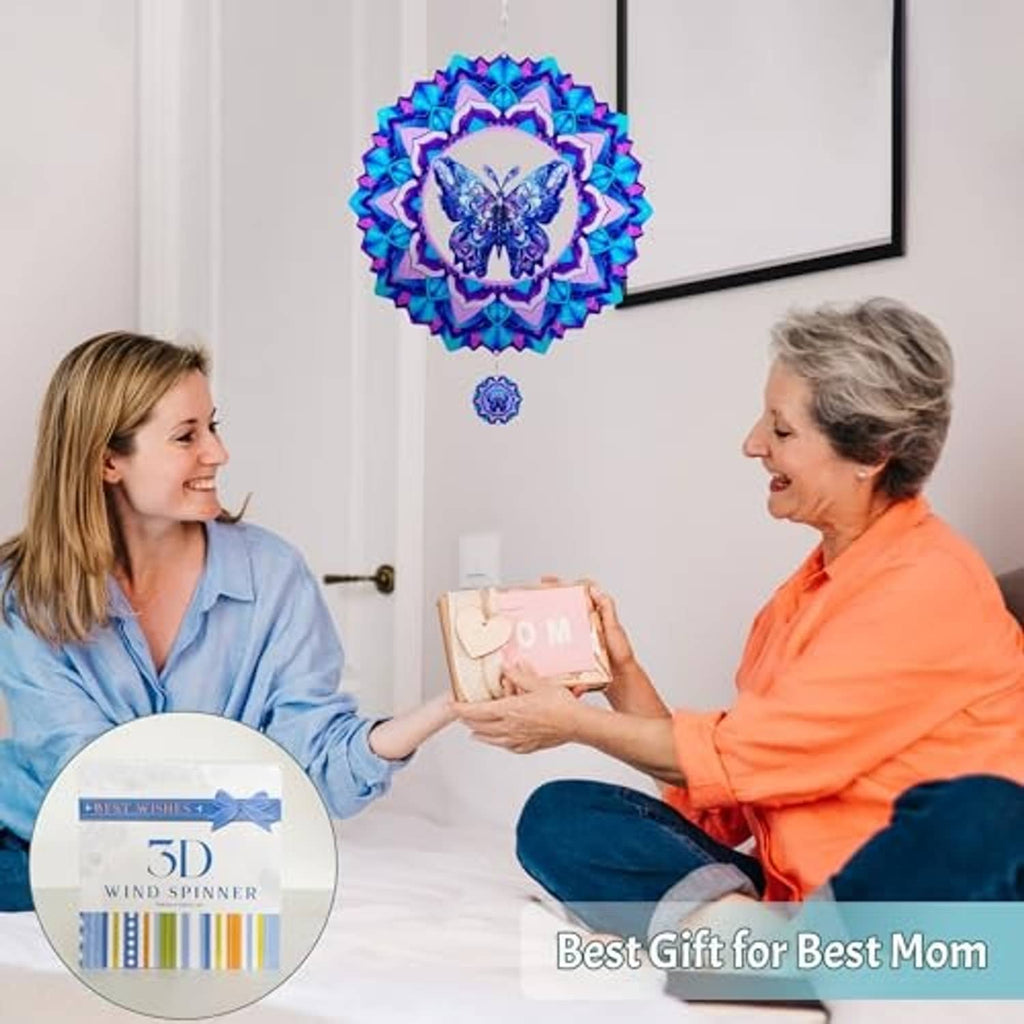 Butterfly wind spinner hanging indoors, blue-purple rosette with butterfly center and pendant
